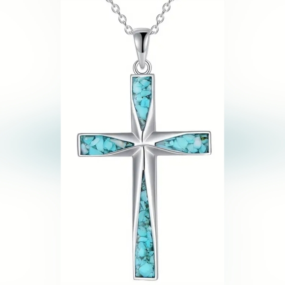 2/$40 NEW Turquoise Rock Western Boho Silver Cross Pendant Necklace-(#0164) - Picture 1 of 4